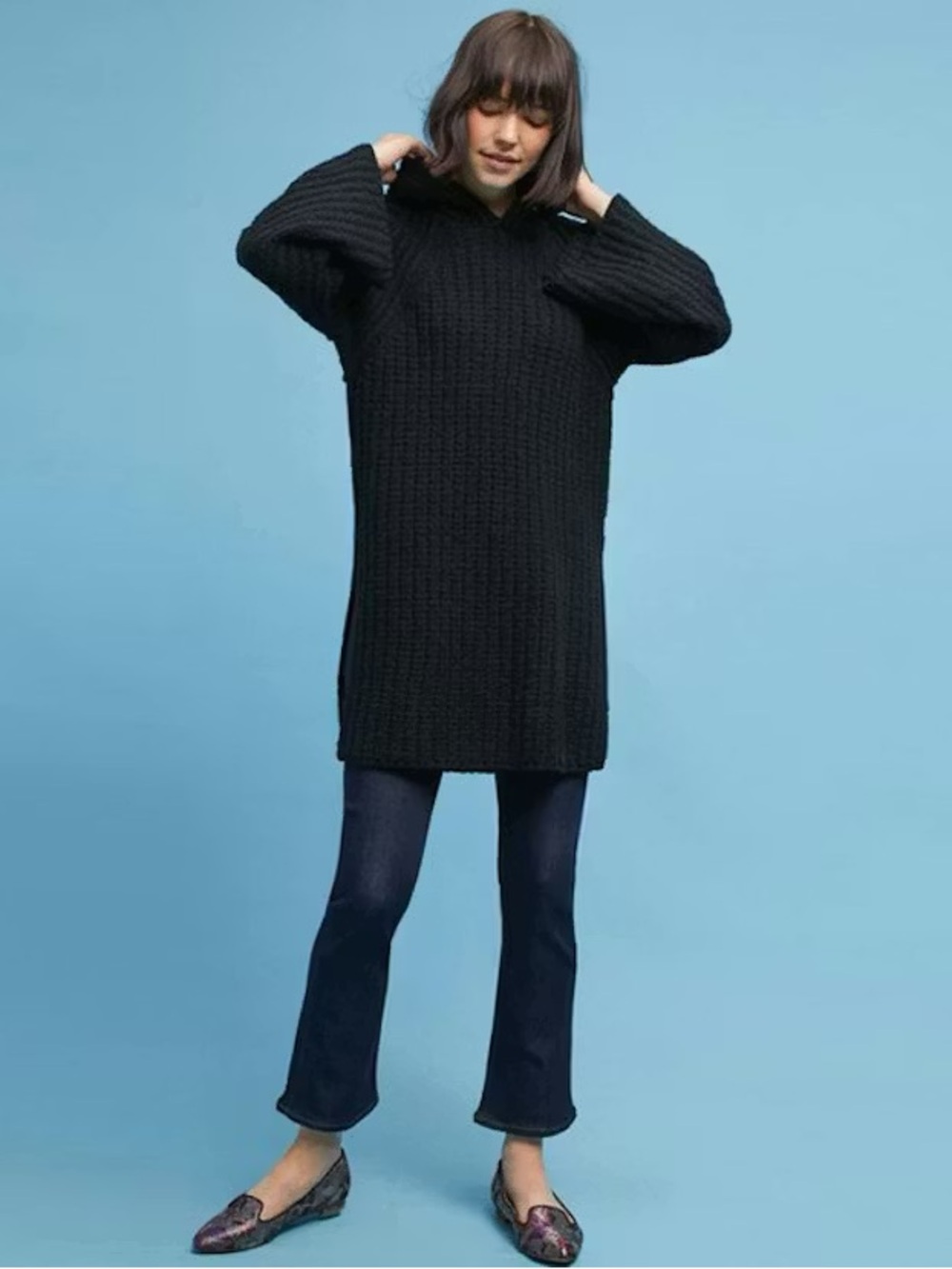 Anthropologie Moth Black Ribbed Knit Hooded Tunic Sweater XS